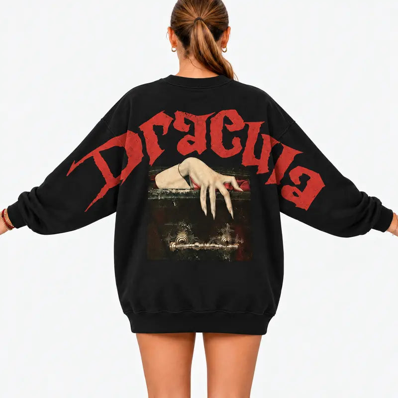 Dracula Vampire Sweatshirt Gildan, Gothic Coffin Hand Horror Crewneck, Vintage Bloody Halloween Graphic Shirt, Spooky Vampire Fan Gift