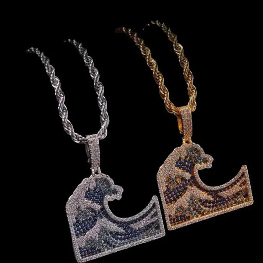 Colorful Iced Out Wave Pendant for Men - Fashion Accessory, Gold/Silver, 24In Rope Chain, Artistic Drip Jewelry Gift Box & Cloth Included