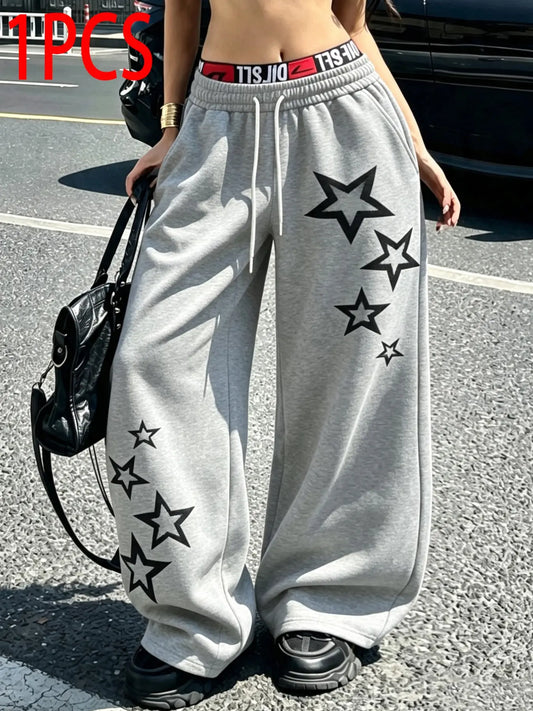 Men'S and Women'S High-Waisted Wide-Leg Pants, Star Print Drawstring Waist, Pocket Reinforcement, Casual Street Style, All Seasons, Casual Weekend Bottoms