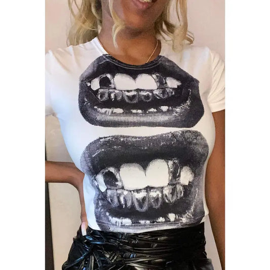 Grillz Print Short Sleeve Graphic Crop Tee